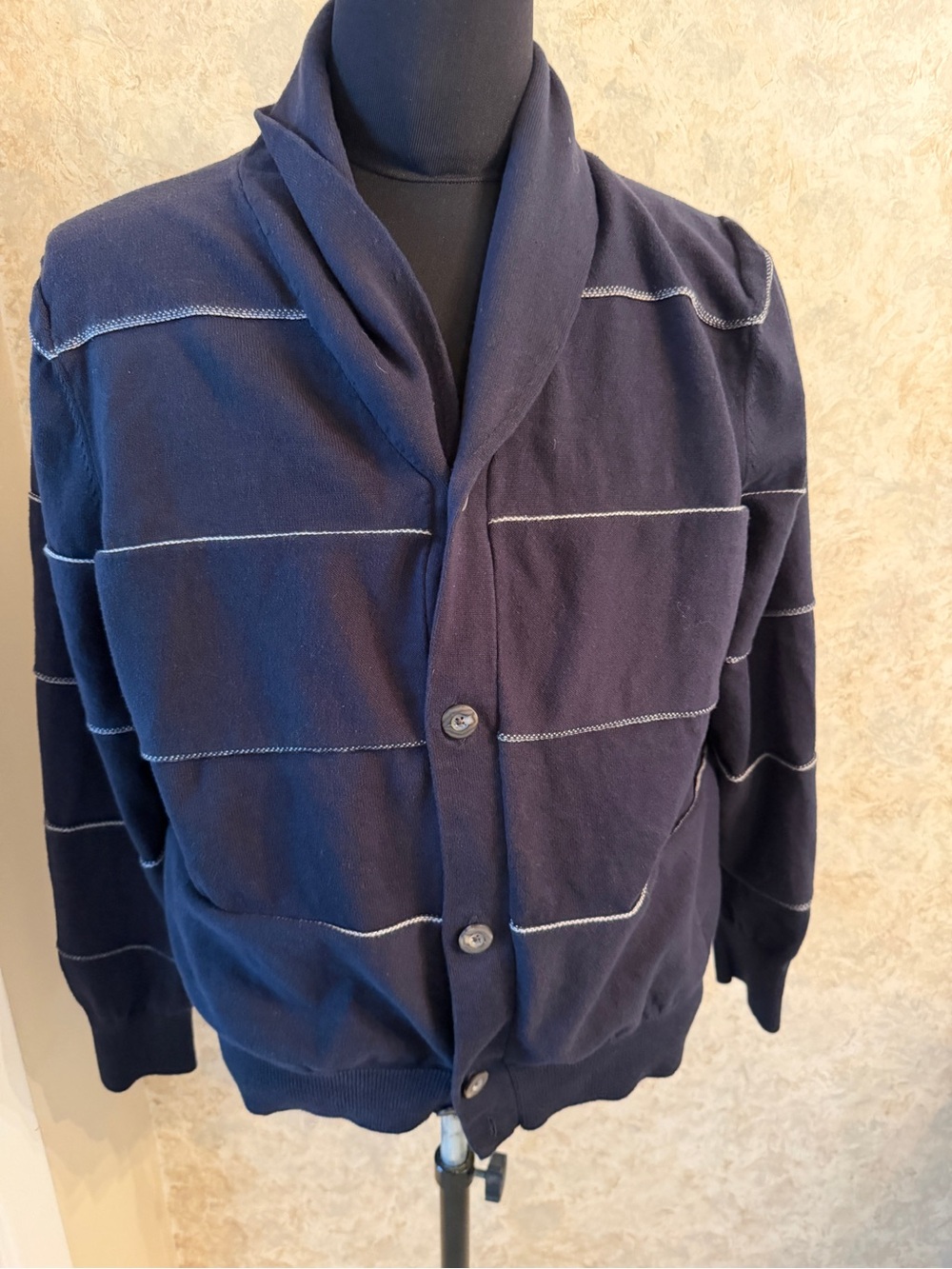 Nautica Men's Navy Shawl Collar Button Cardigan with Contrast Stitching